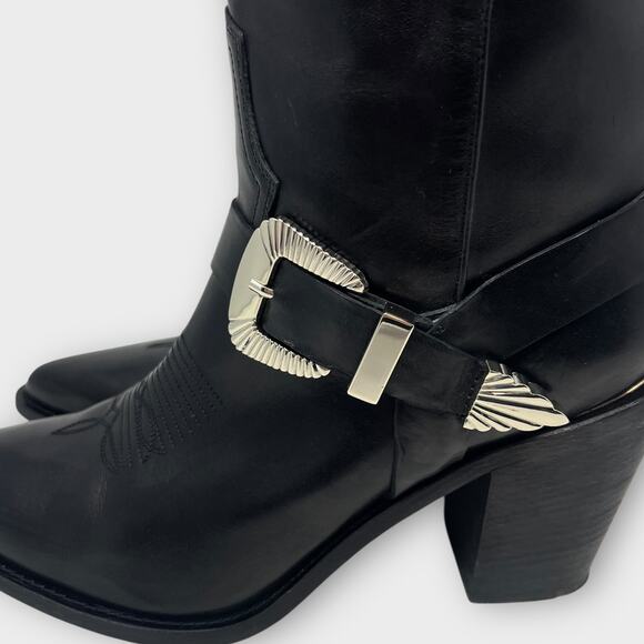 PARTLOW Charlotte Leather Buckle Western Booties In Nero Size 42 - Picture 8 of 14
